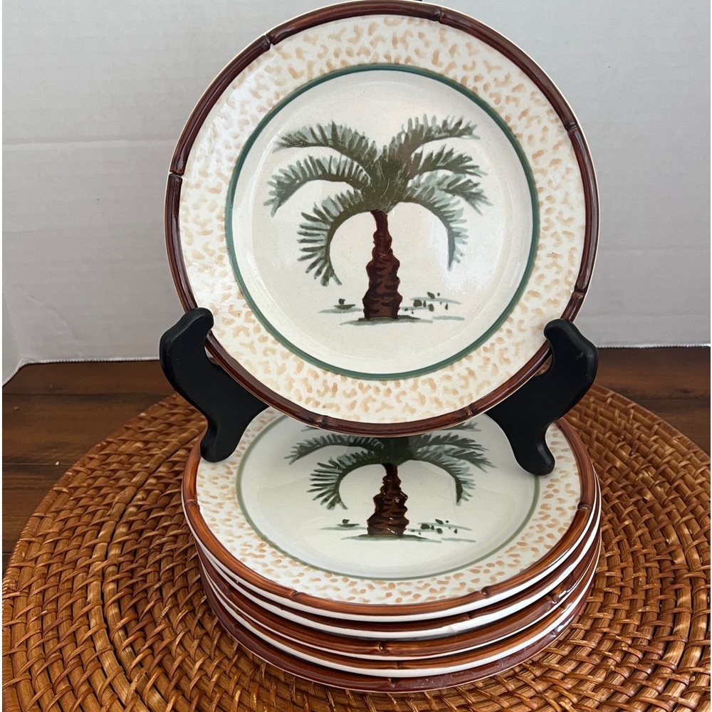 Totally Today Tropical Palm Trees Brown Band Ceramic 7 1/4” Salad Plates Set 6